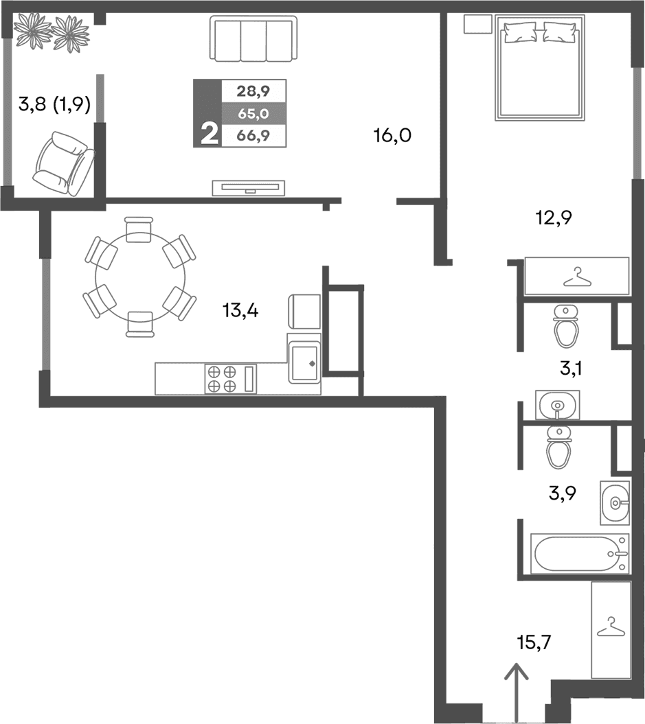 2-комн., 65 м²