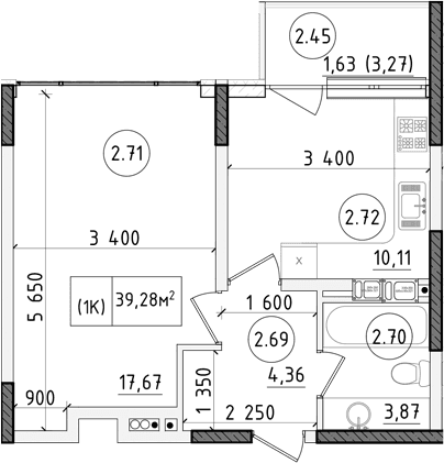1-комн., 52.53 м²