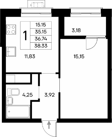 1-комн., 35.15 м²