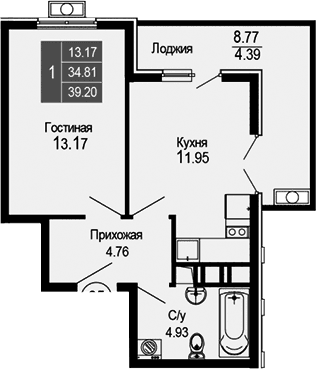 1-комн., 34.81 м²