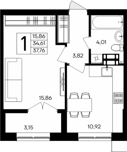 1-комн., 34.61 м²