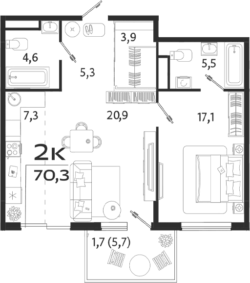 1-комн., 64.6 м²
