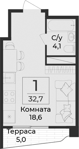 Студия, 27.7 м²