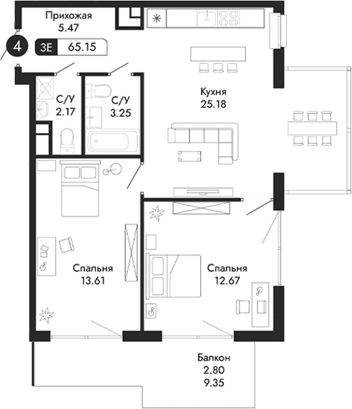 3-комн., 62.35 м²