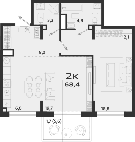 1-комн., 62.8 м²