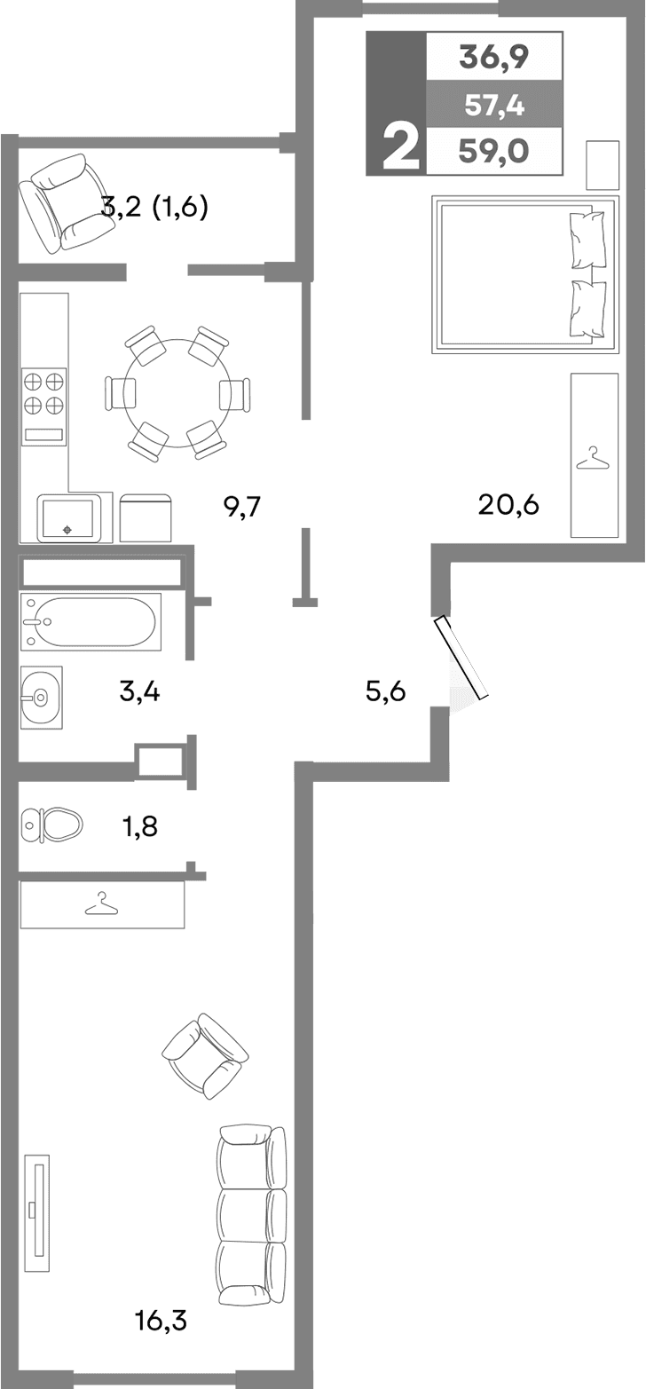 2-комн., 57.4 м²