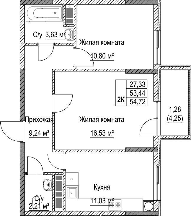 2-комн., 53.44 м²