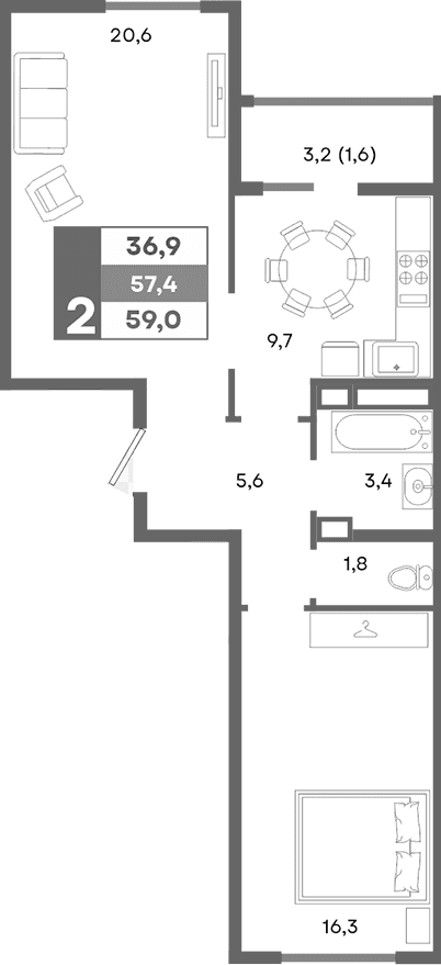 2-комн., 57.4 м²