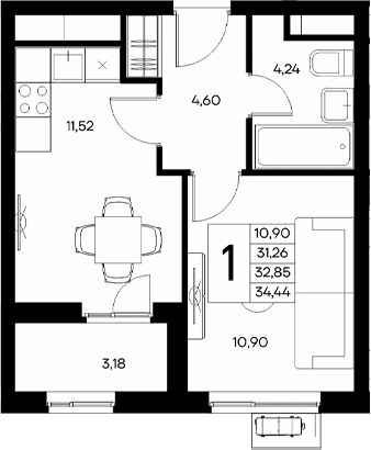 1-комн., 31.26 м²