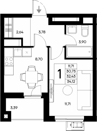 1-комн., 30.73 м²