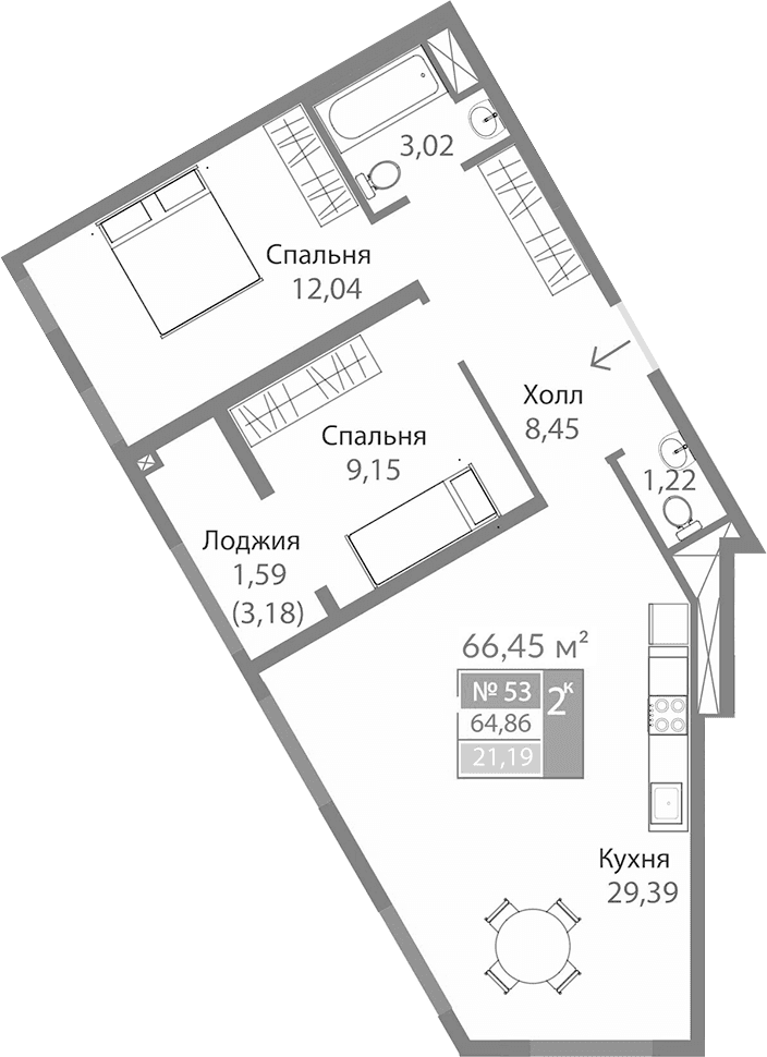 2-комн., 63.27 м²