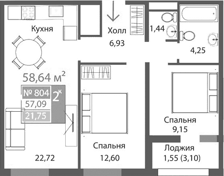 2-комн., 57.09 м²