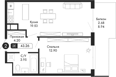 2-комн., 40.58 м²