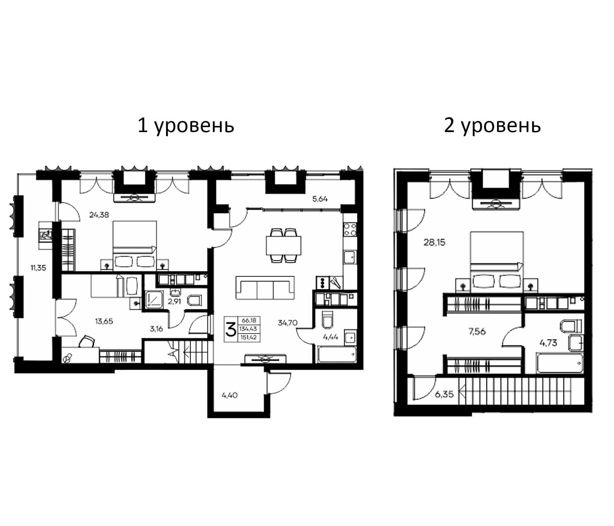 3-комн., 134.43 м²