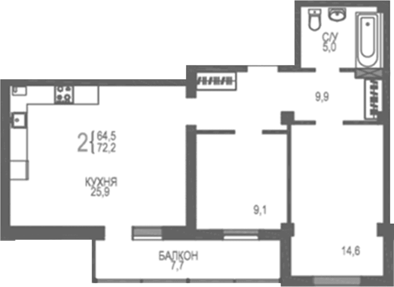 2-комн., 64.5 м²