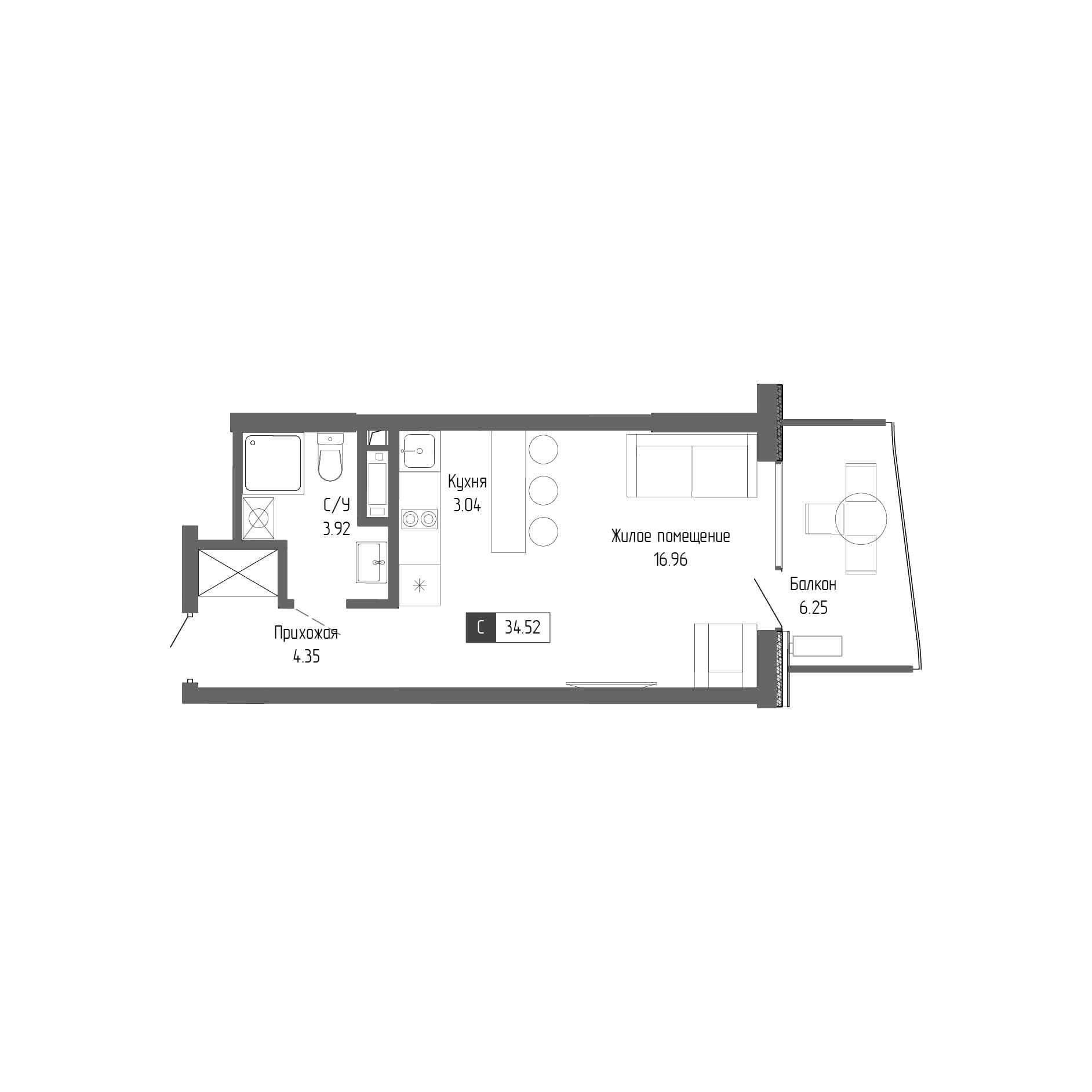 Студия, 28.27 м²