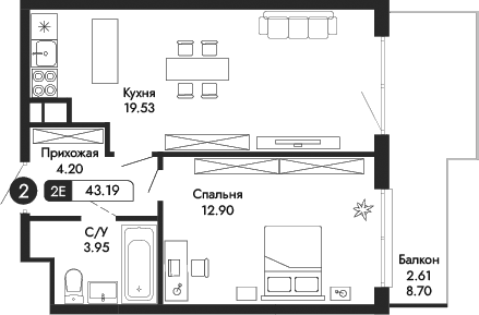 2-комн., 40.58 м²