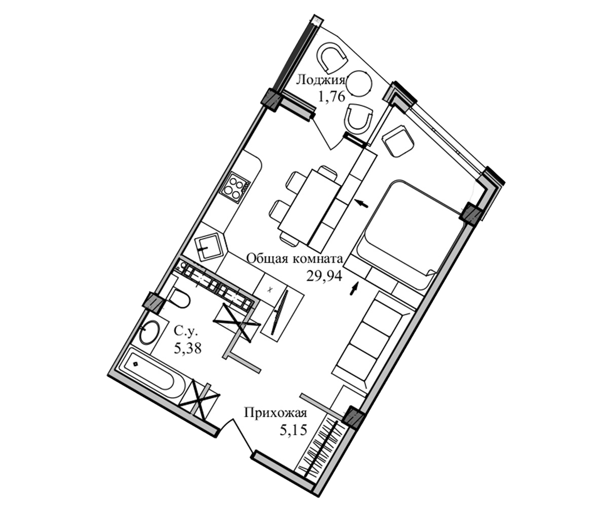 Студия, 41.54 м²