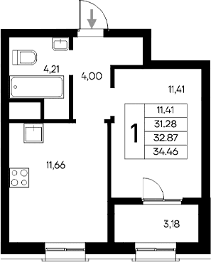 1-комн., 31.28 м²