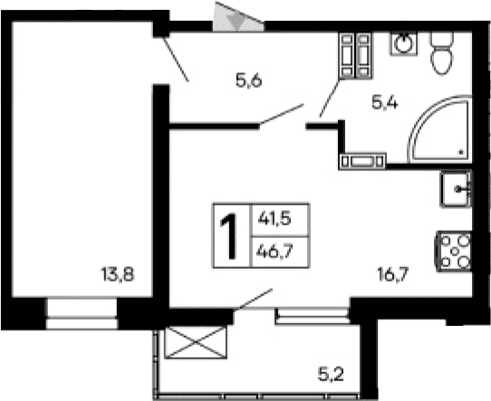1-комн., 41.5 м²