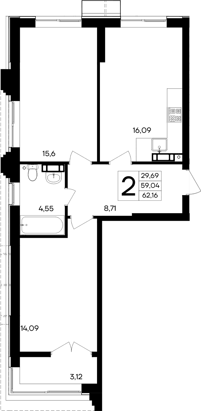 2-комн., 59.04 м²