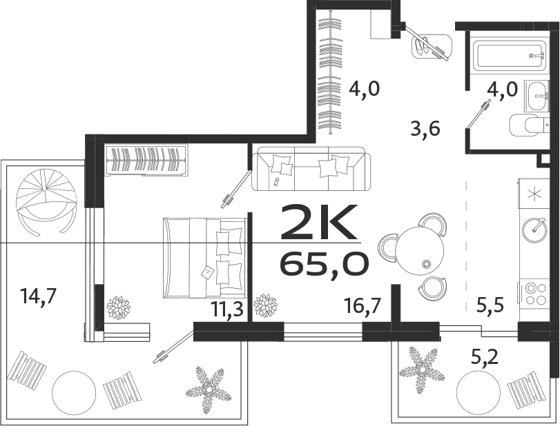 2-комн., 45.1 м²