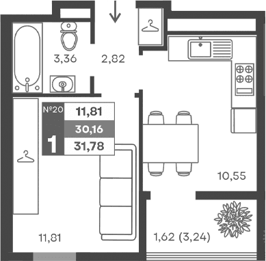 1-комн., 28.54 м²