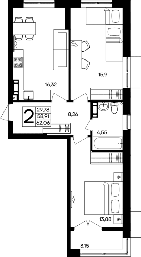 2-комн., 58.91 м²