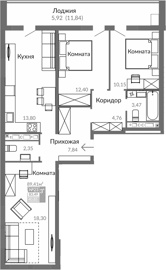 3-комн., 77.57 м²