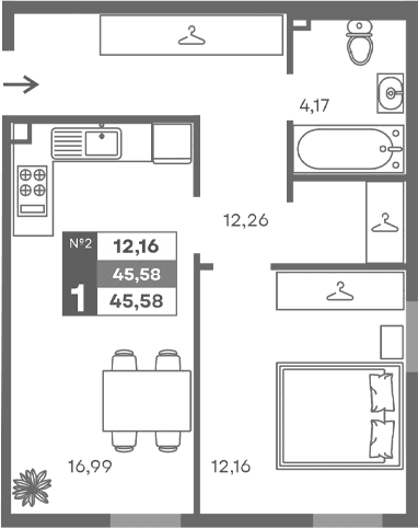 1-комн., 45.58 м²