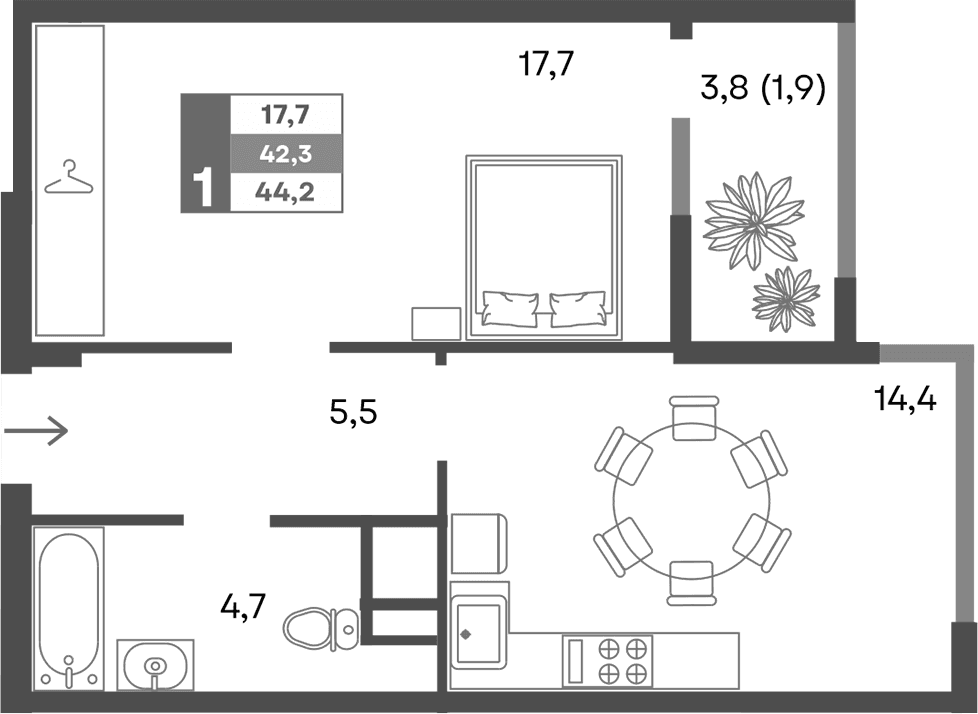 1-комн., 42.3 м²
