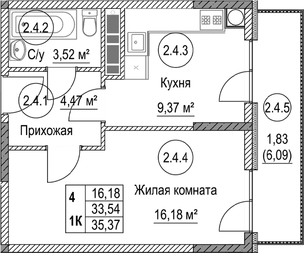 1-комн., 33.54 м²