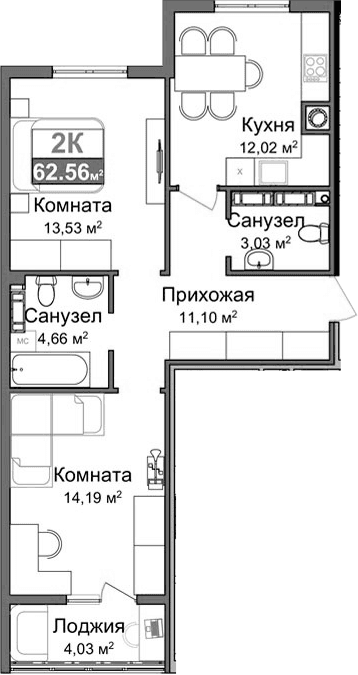 2-комн., 56.51 м²