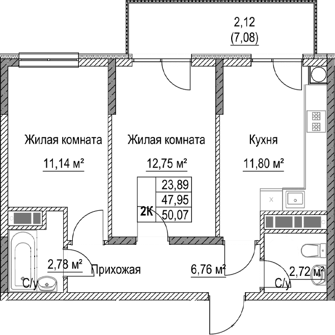 2-комн., 47.95 м²