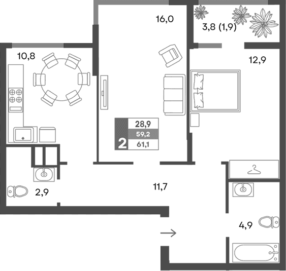 2-комн., 59.2 м²