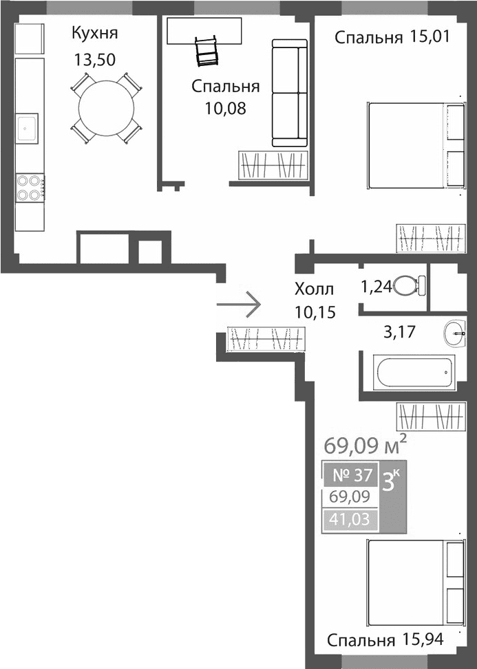 3-комн., 69.09 м²