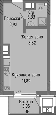 Студия, 27.66 м²