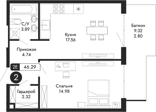2-комн., 43.49 м²
