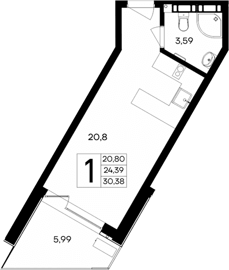 Студия, 24.39 м²
