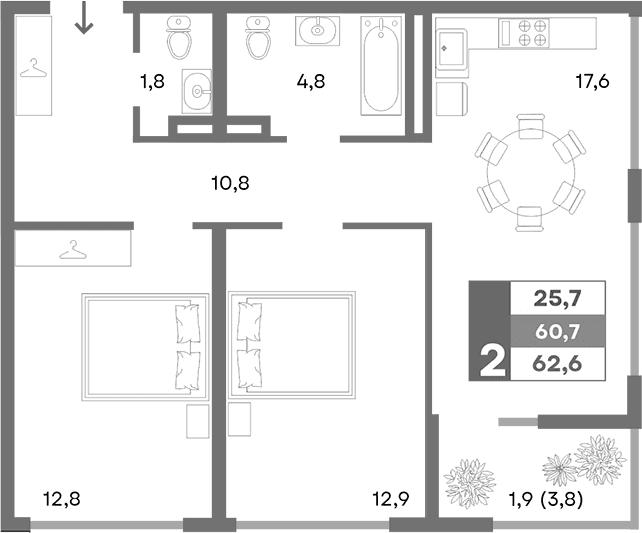 2-комн., 60.7 м²