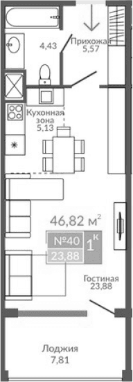 Студия, 39.01 м²