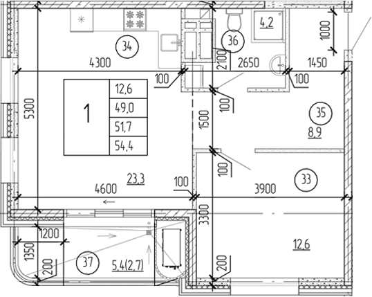 1-комн., 49 м²