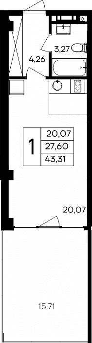 Студия, 27.6 м²