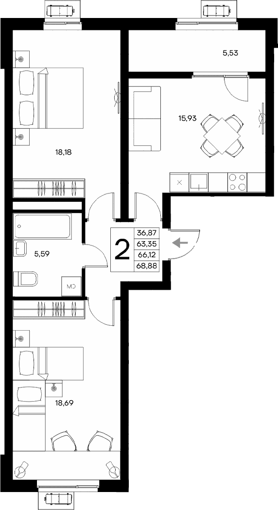 2-комн., 63.35 м²