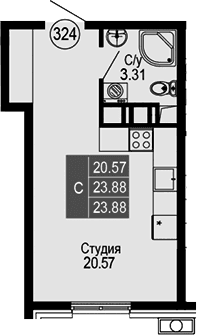Студия, 23.88 м²