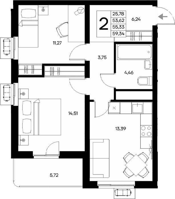 2-комн., 53.62 м²