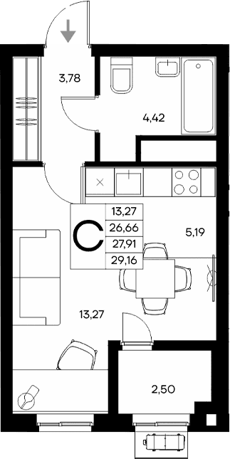 Студия, 26.66 м²