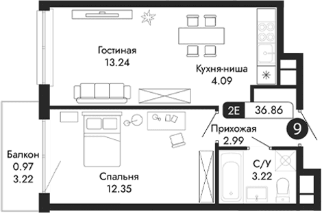 2-комн., 35.89 м²