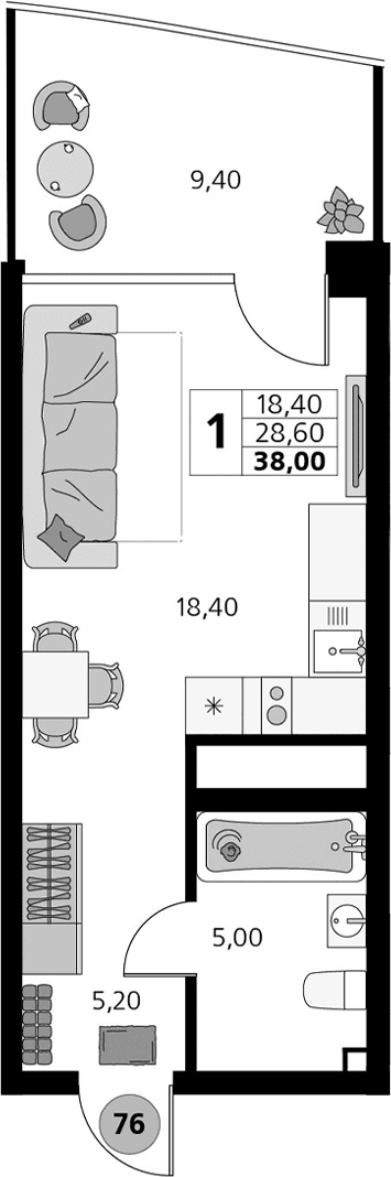 Студия, 28.6 м²