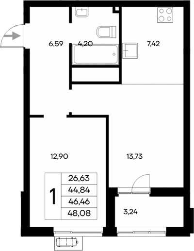 1-комн., 44.84 м²